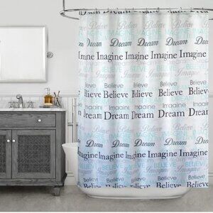 Splash Dream Imagine Believe Fabric Shower Curtain, Blue Green White, NWT!
